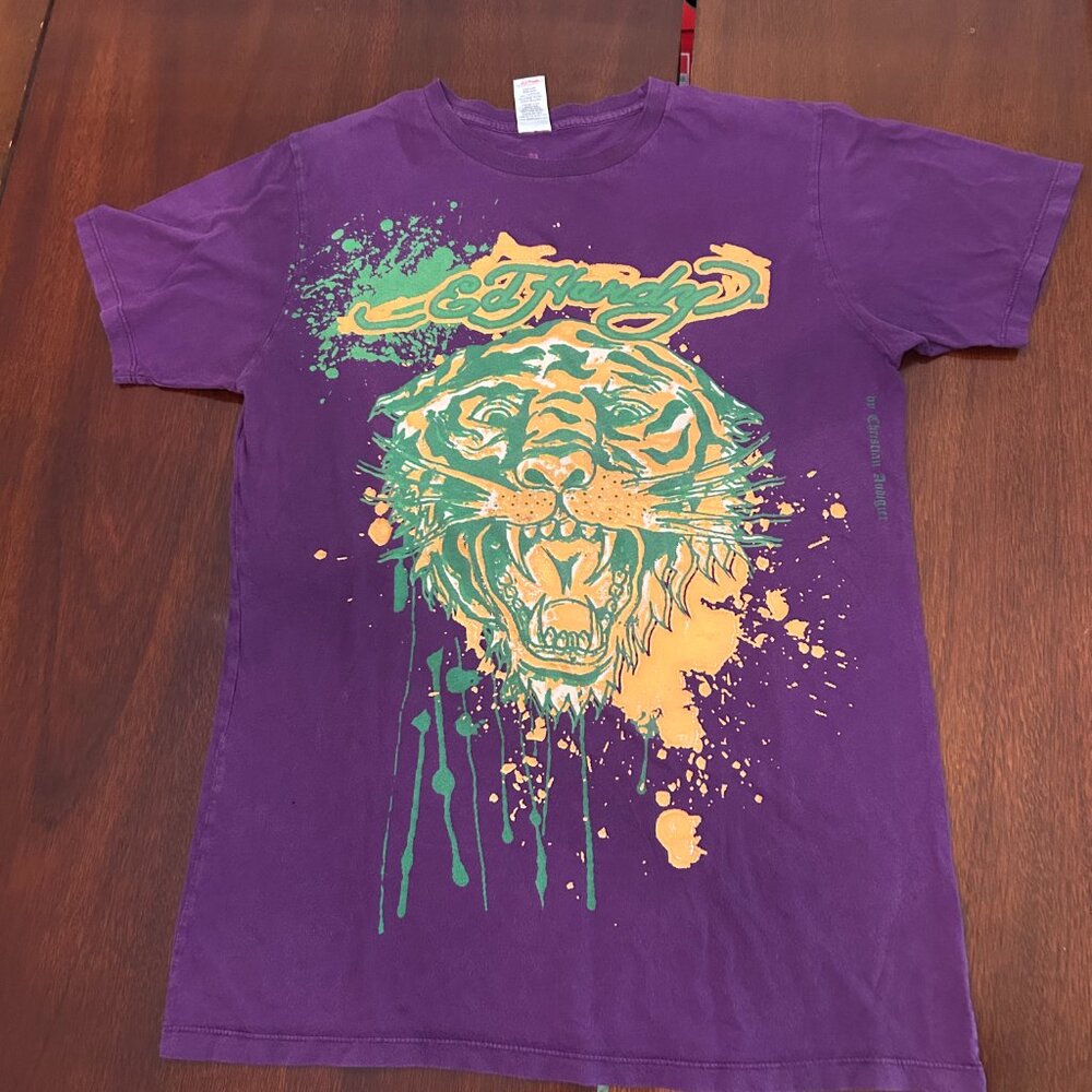 Ed Hardy Splatter Paint Tiger Graphic T-shirt Size L